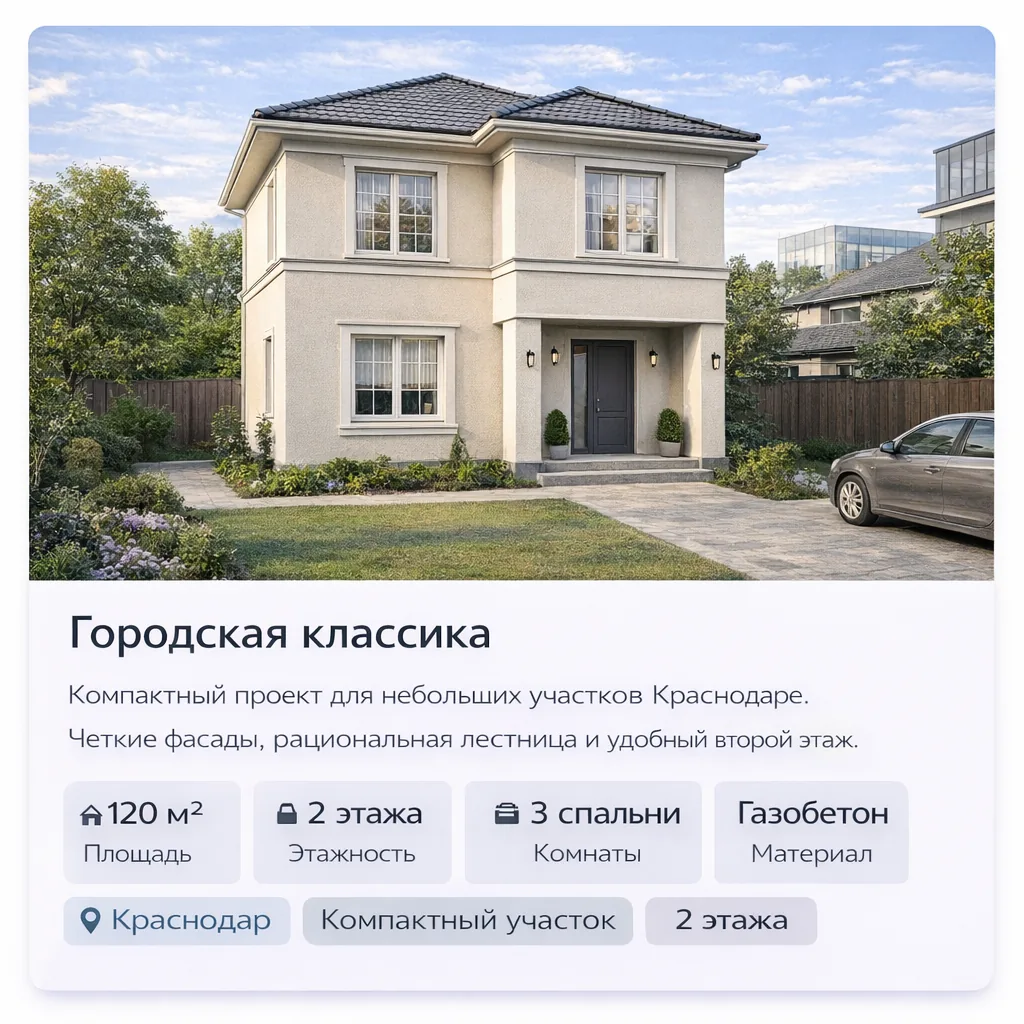Проект дома «Городская классика» — Краснодар, 120 м², газобетон, компактный участок